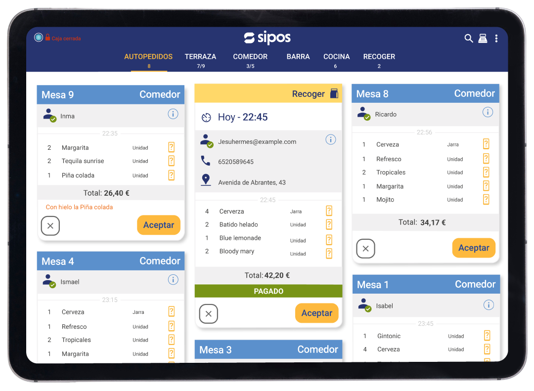 Sipos POS en tablet con comandas por mesa
