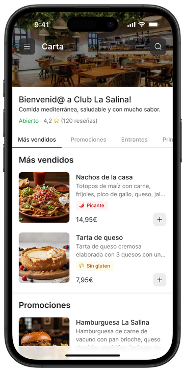 Carta online en el móvil del cliente