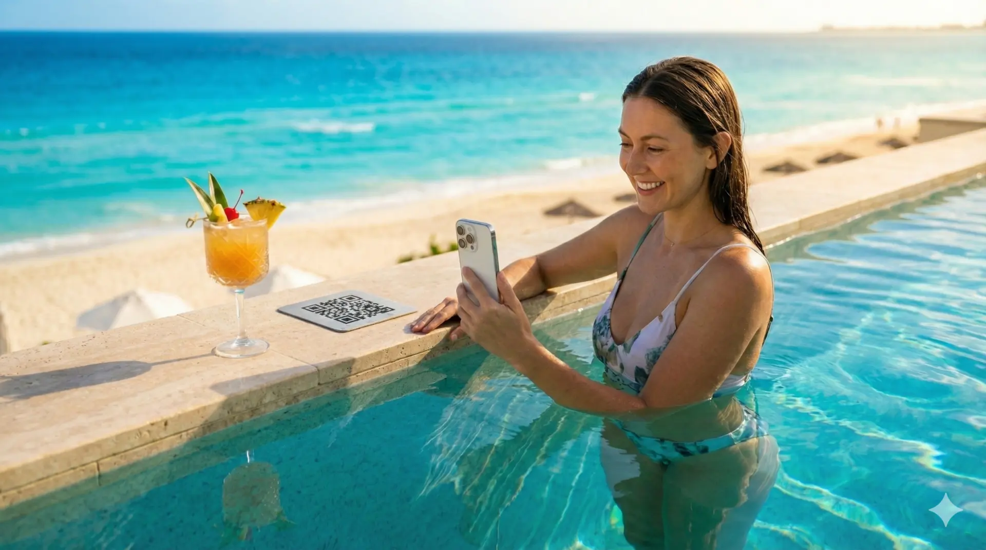 Cliente pidiendo con QR desde la piscina del hotel