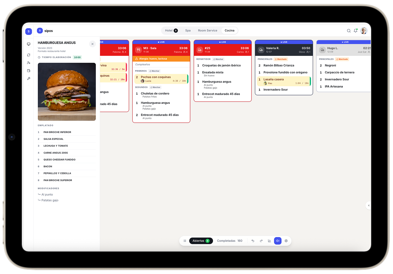 Pantalla de comandas de cocina en tablet