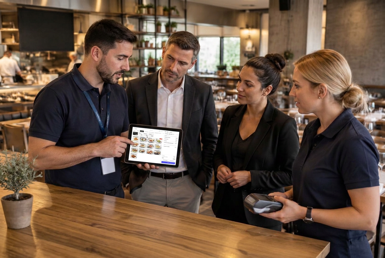 Equipo de profesionales de hostelería conversando en un restaurante